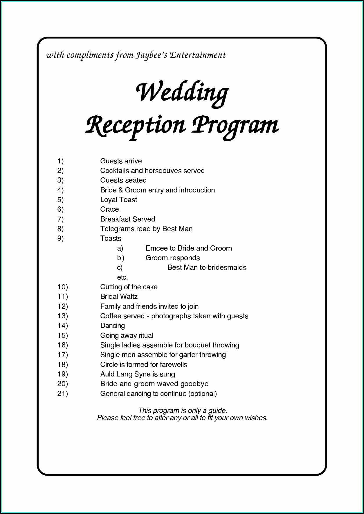 Free Wedding Reception Itinerary Template