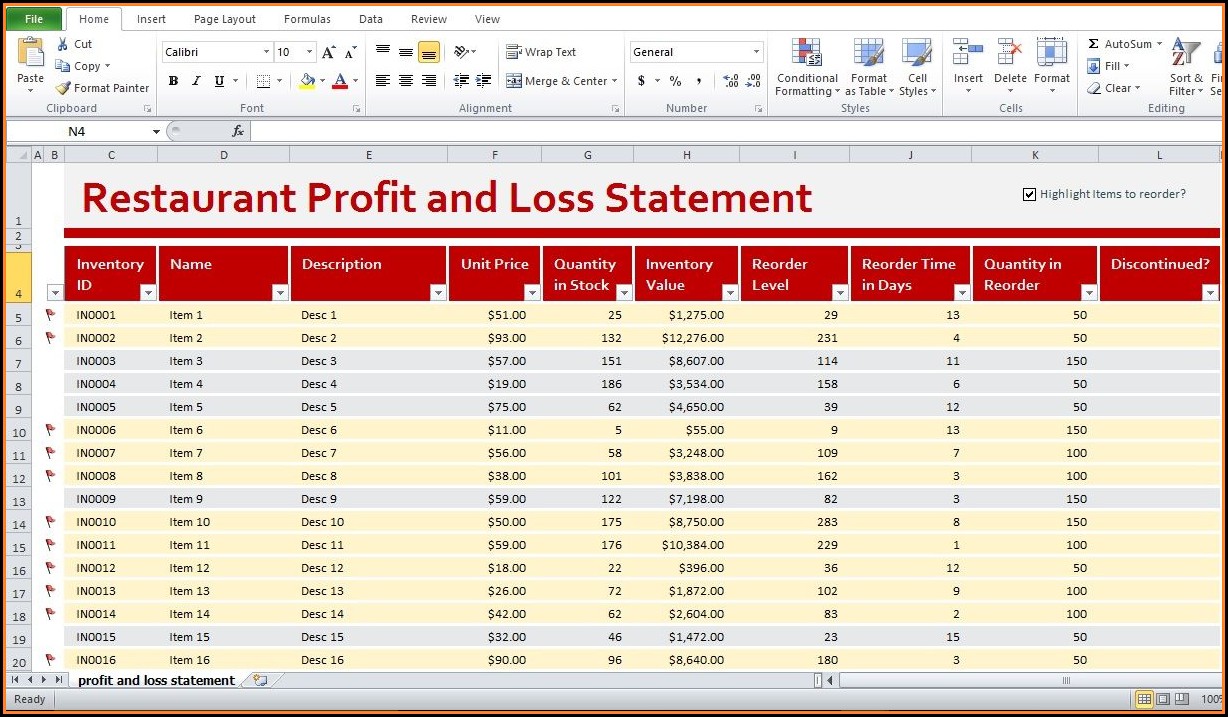 Restaurant Profit And Loss Statement Excel Template Free