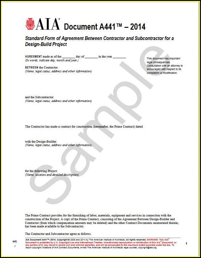 Standard Form Of Agreement Between Contractor And Subcontractor