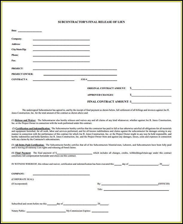 Subcontractor Lien Release Form