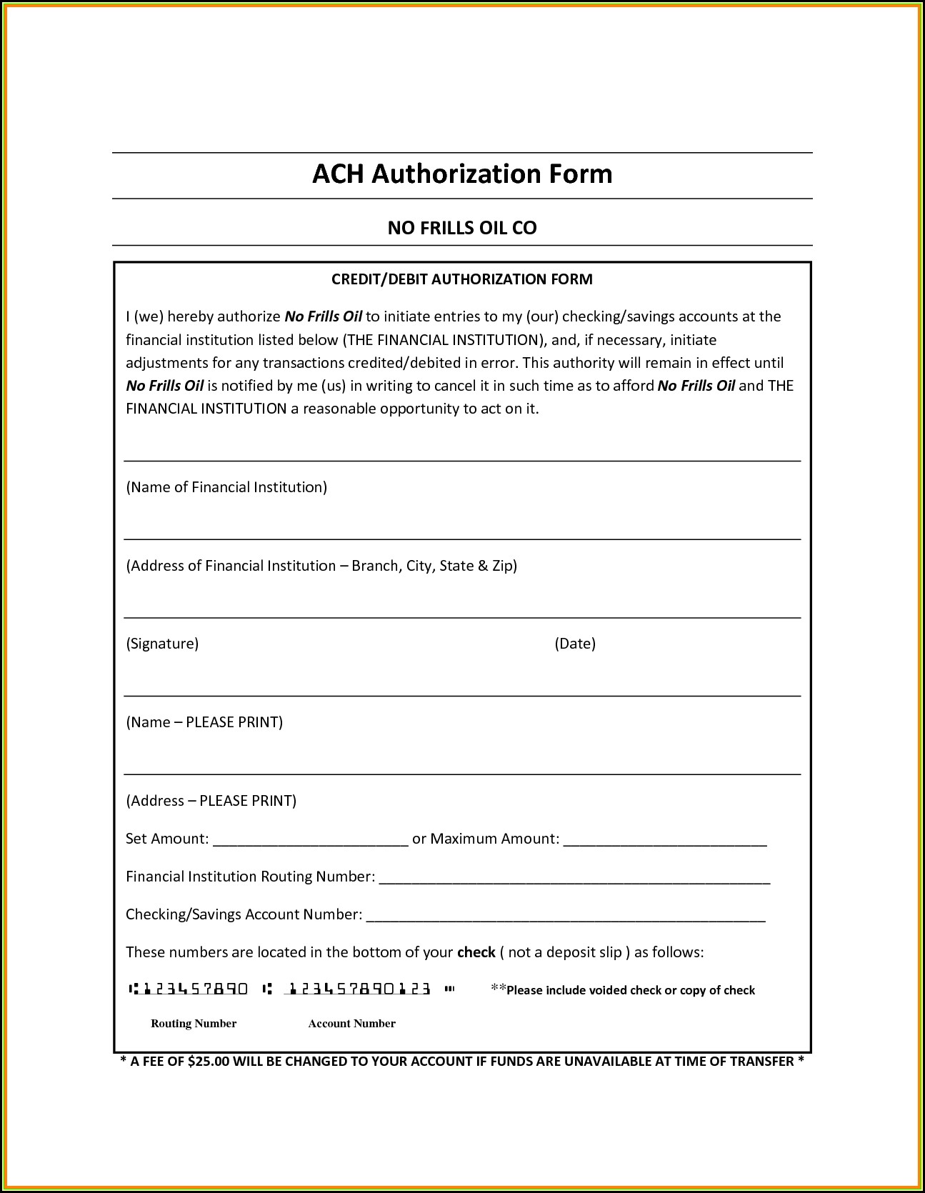 Ach Debit Authorization Agreement Form