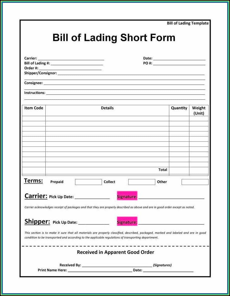 Bill Of Lading Short Form Printable