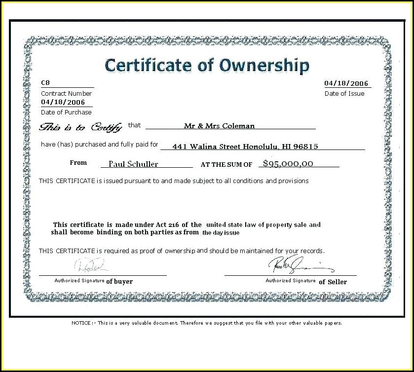 Certificate Of Stock Ownership Template