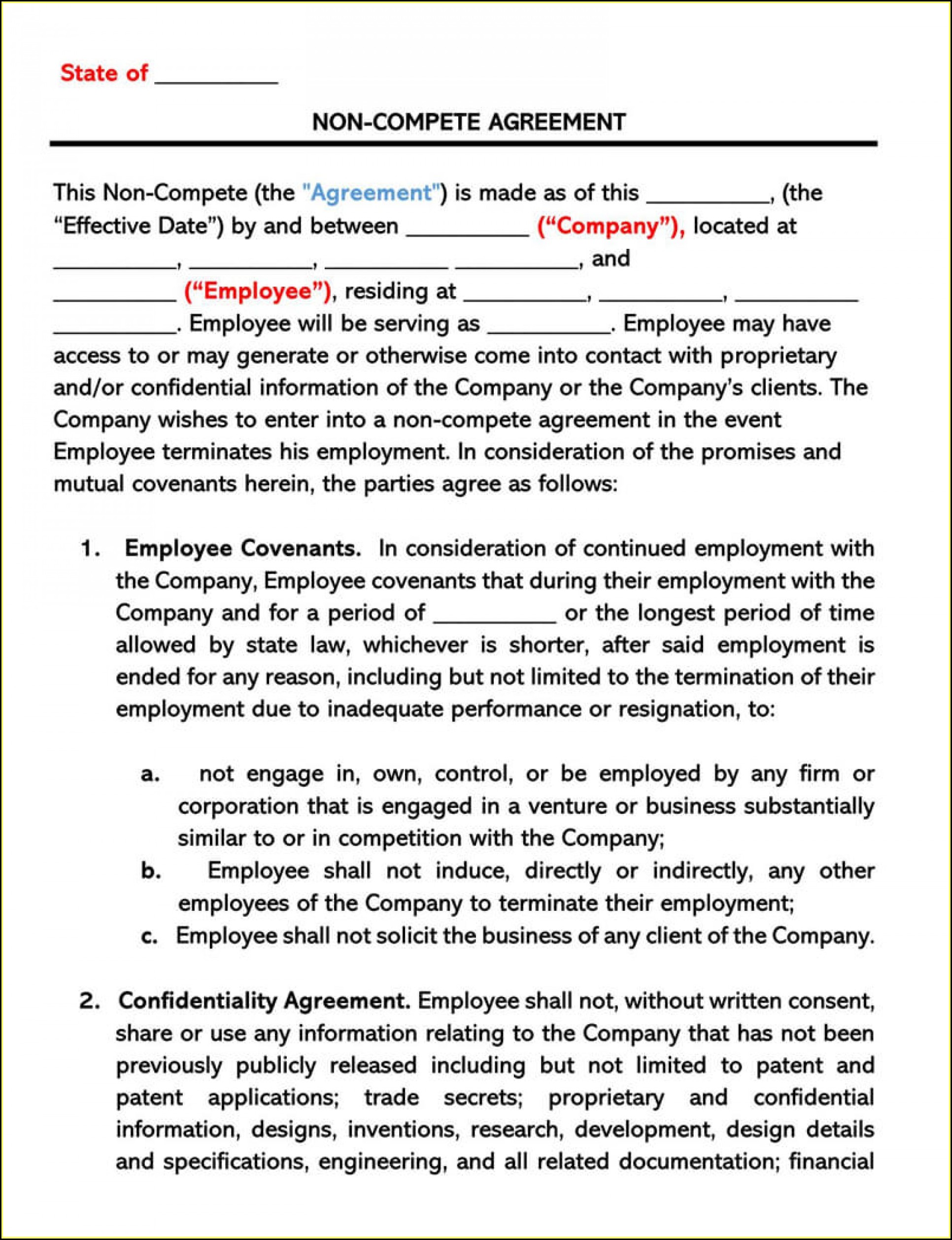 Employee Non Compete Agreement Template Free