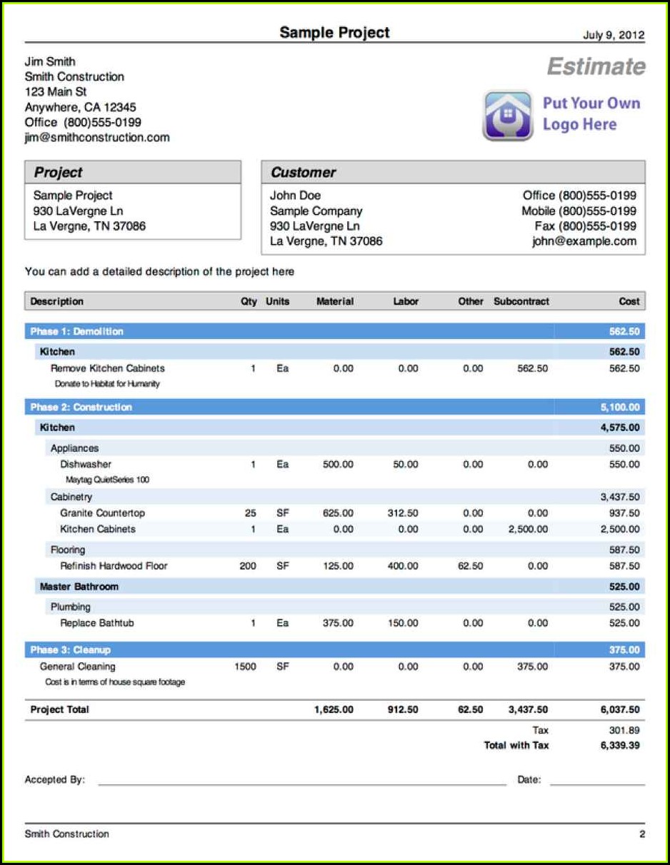 Free Download Construction Estimate Forms