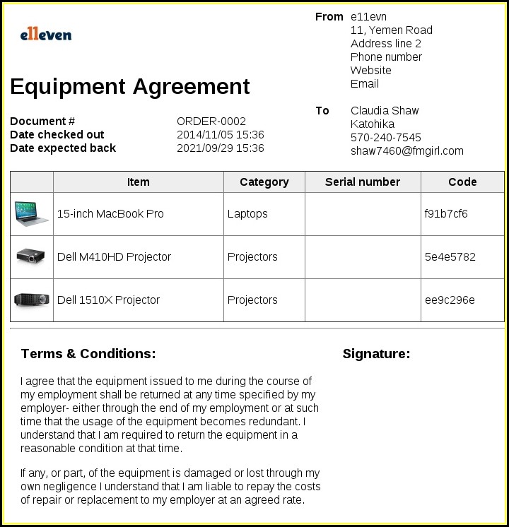 Free Equipment Loan Form Template
