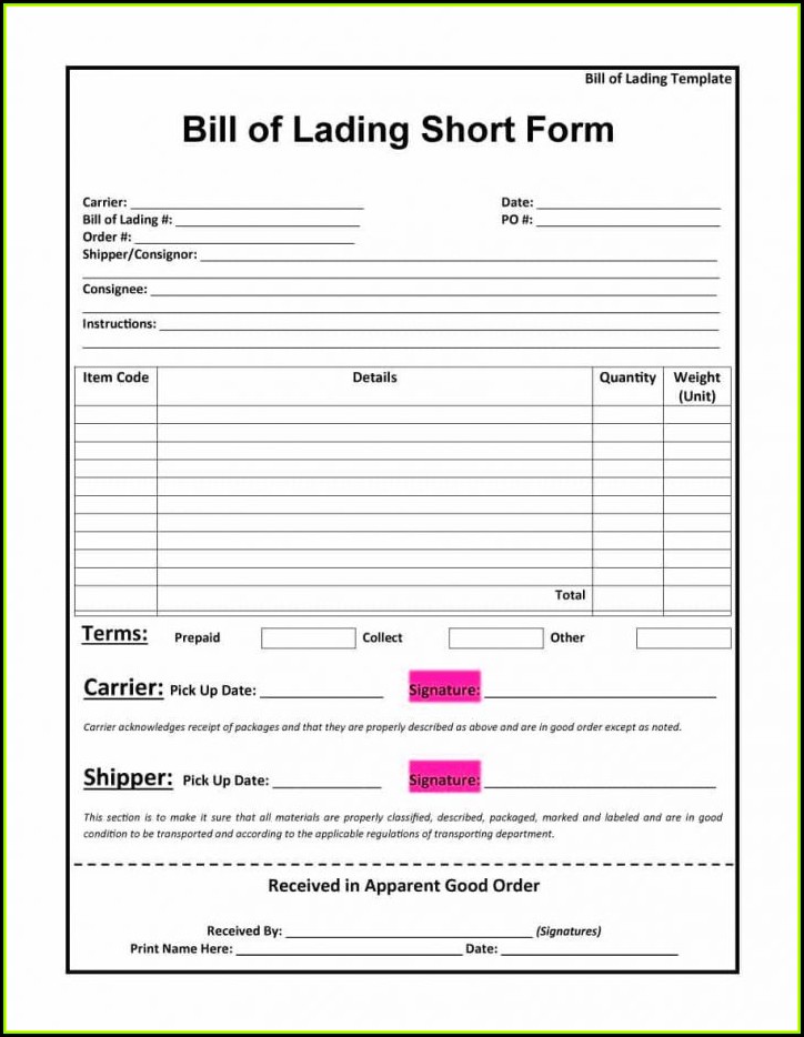Free Printable Blank Bill Of Lading Form