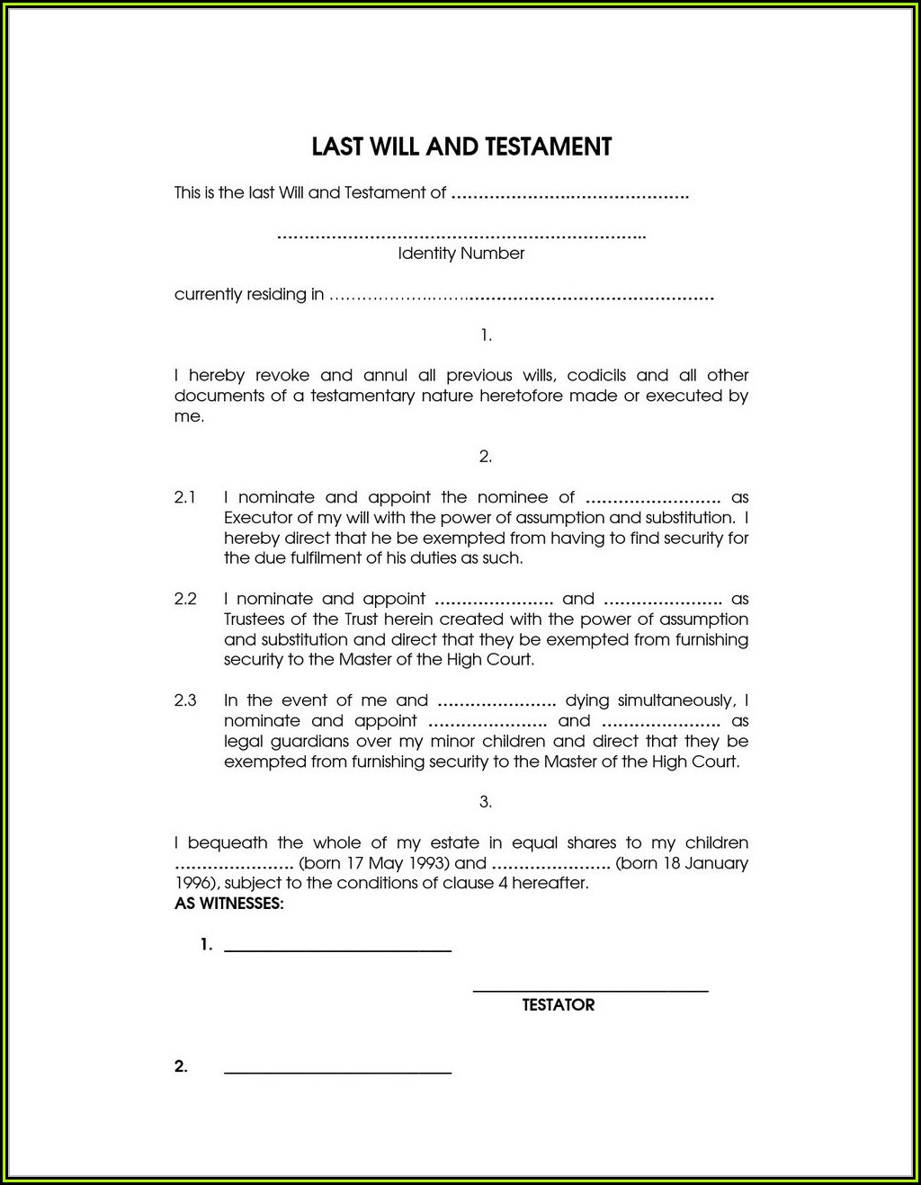 Free Printable Last Will And Testament Forms Nz