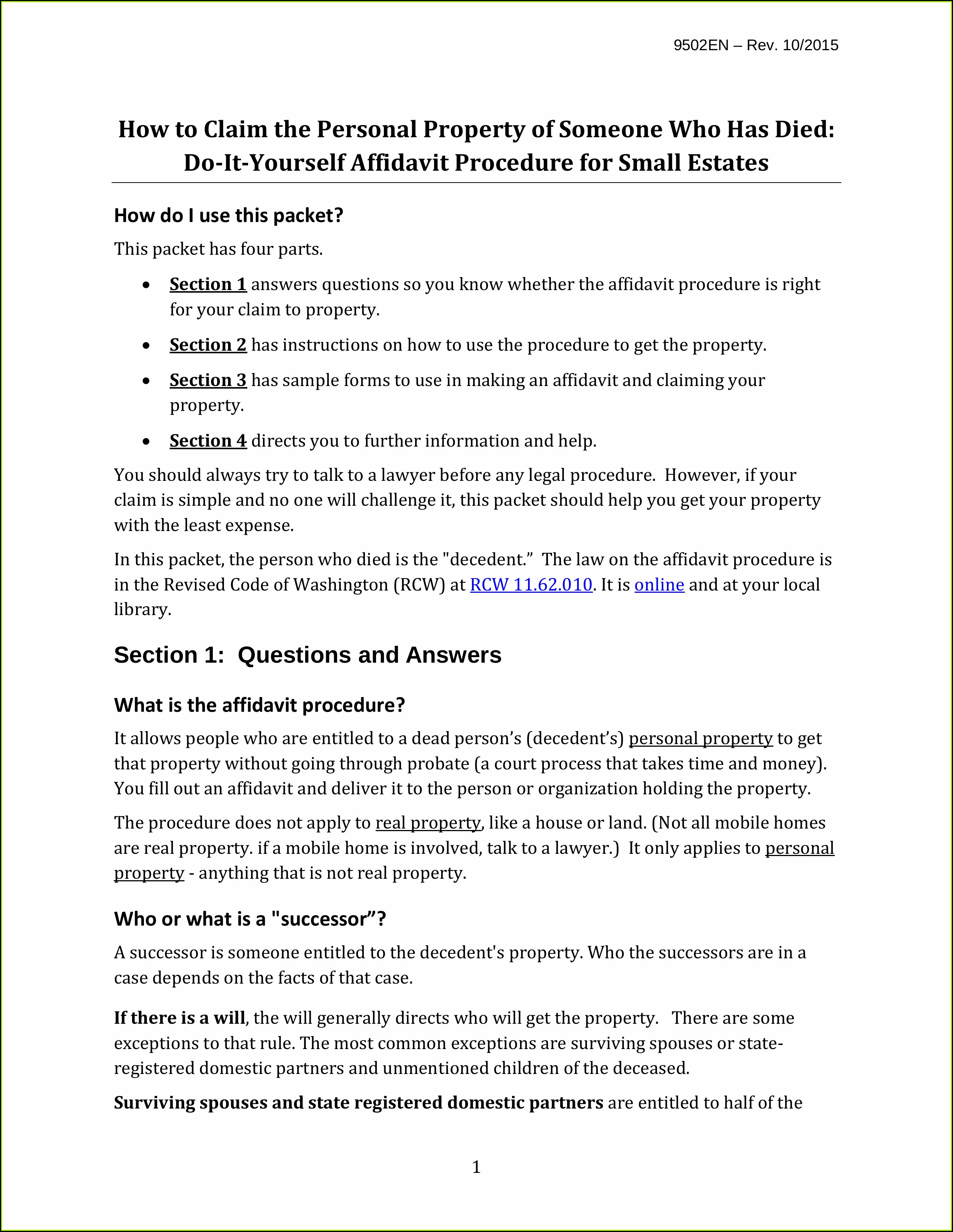 Free Small Estate Affidavit Form