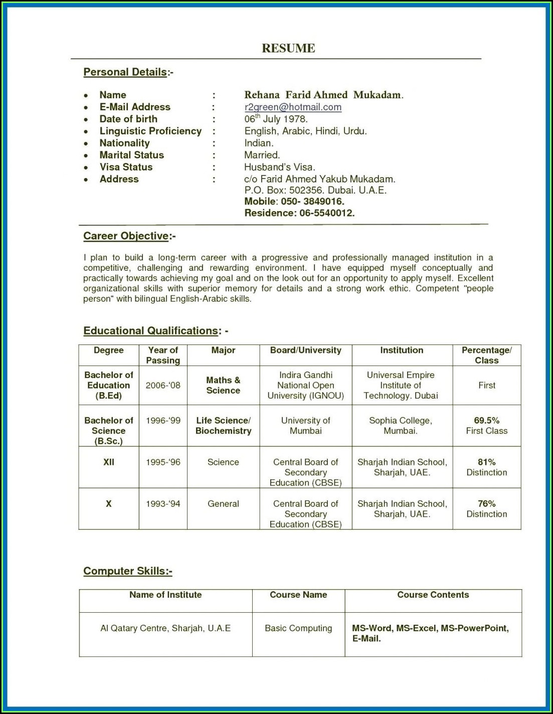 Indian Teacher Resume Format Download Pdf