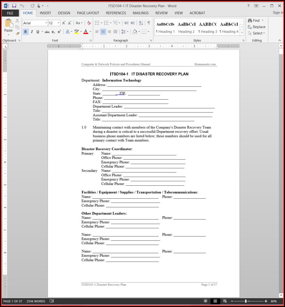 It Disaster Recovery Plan Template Pdf