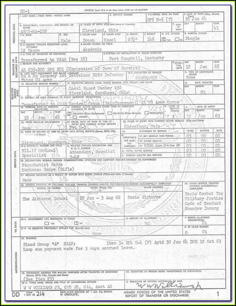 Military Service Discharge Form Dd214