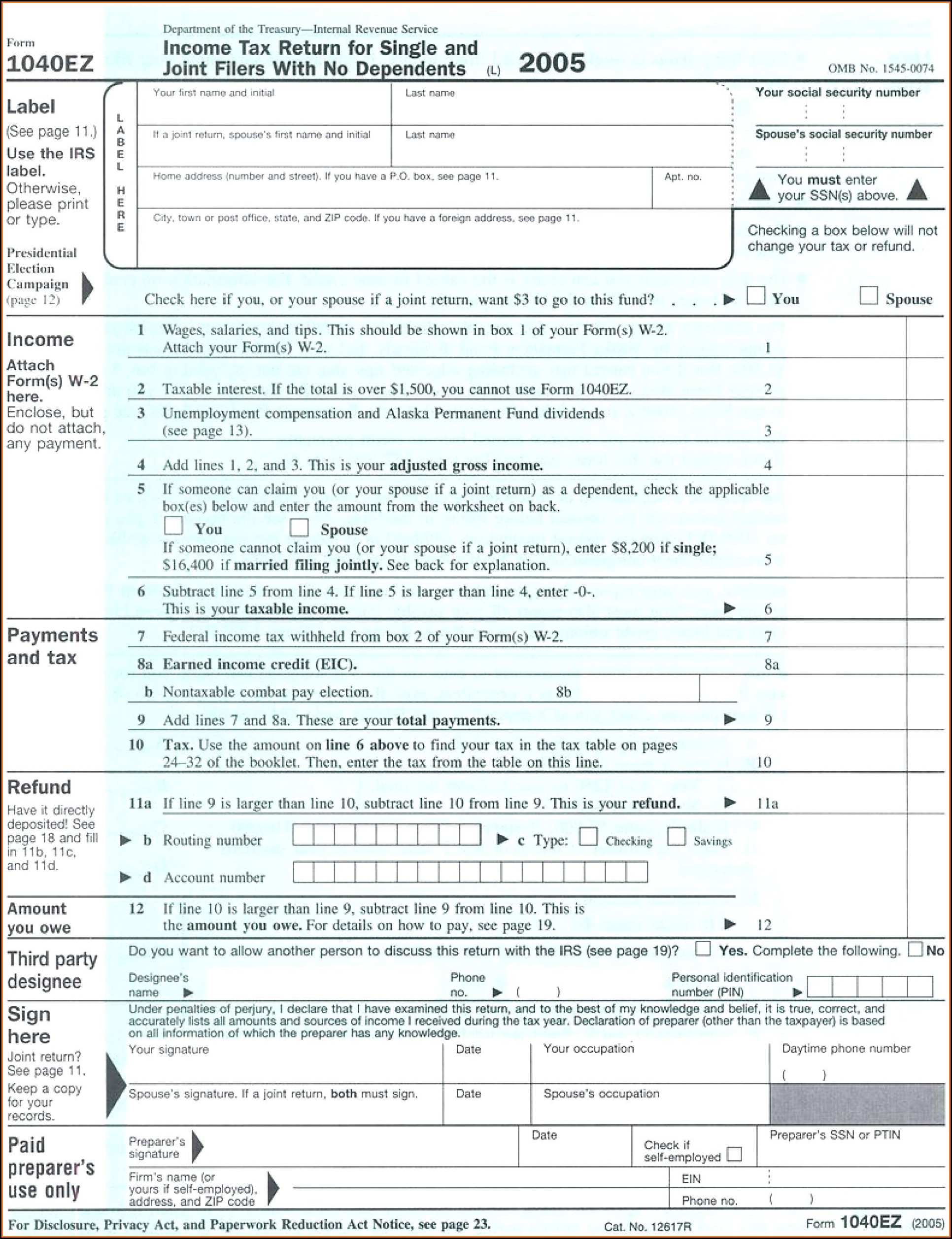 Printable Tax Form 1040ez 2017