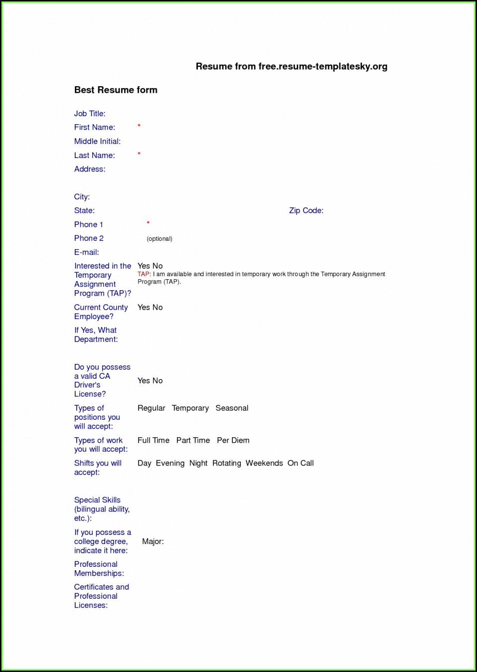 Resume Blank Format Download