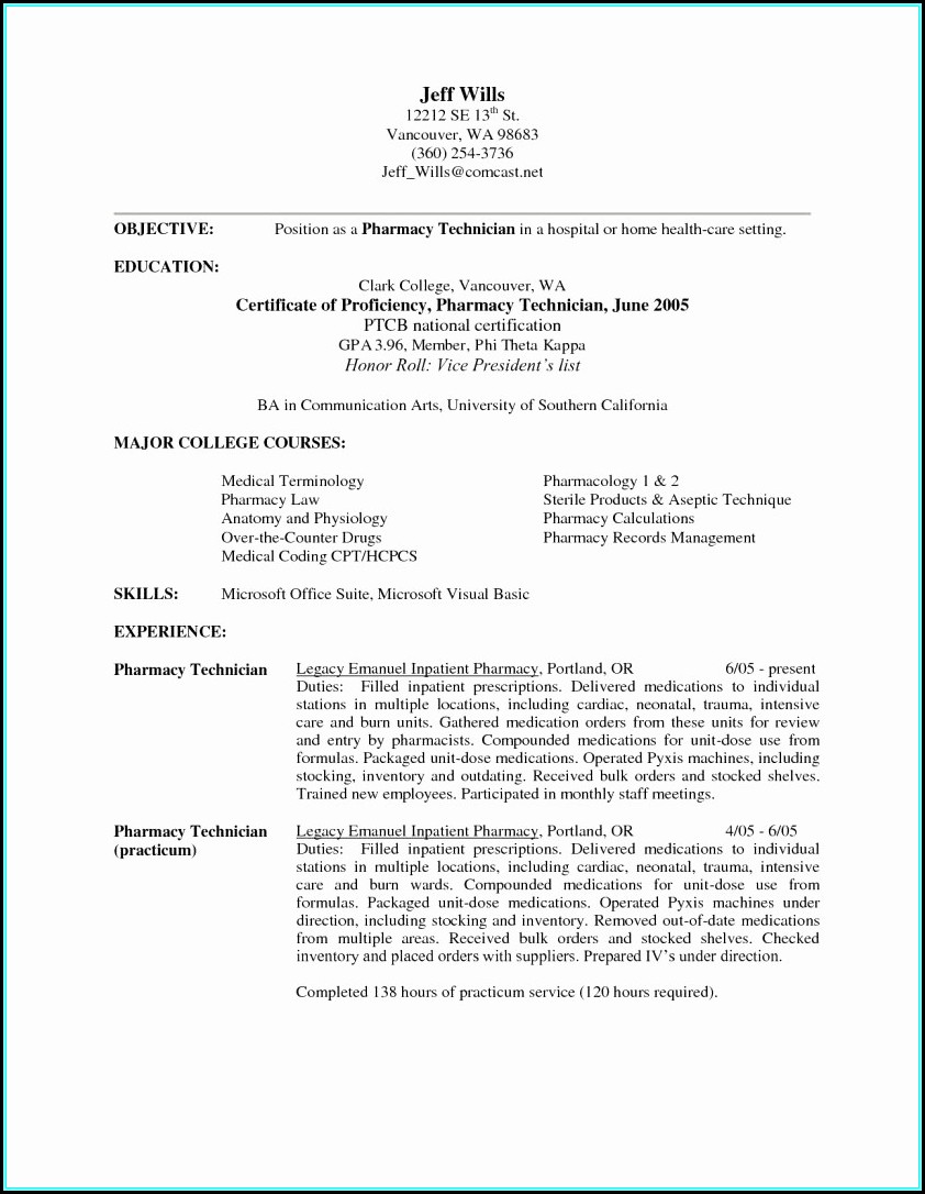 Resume Examples For A Pharmacy Technician