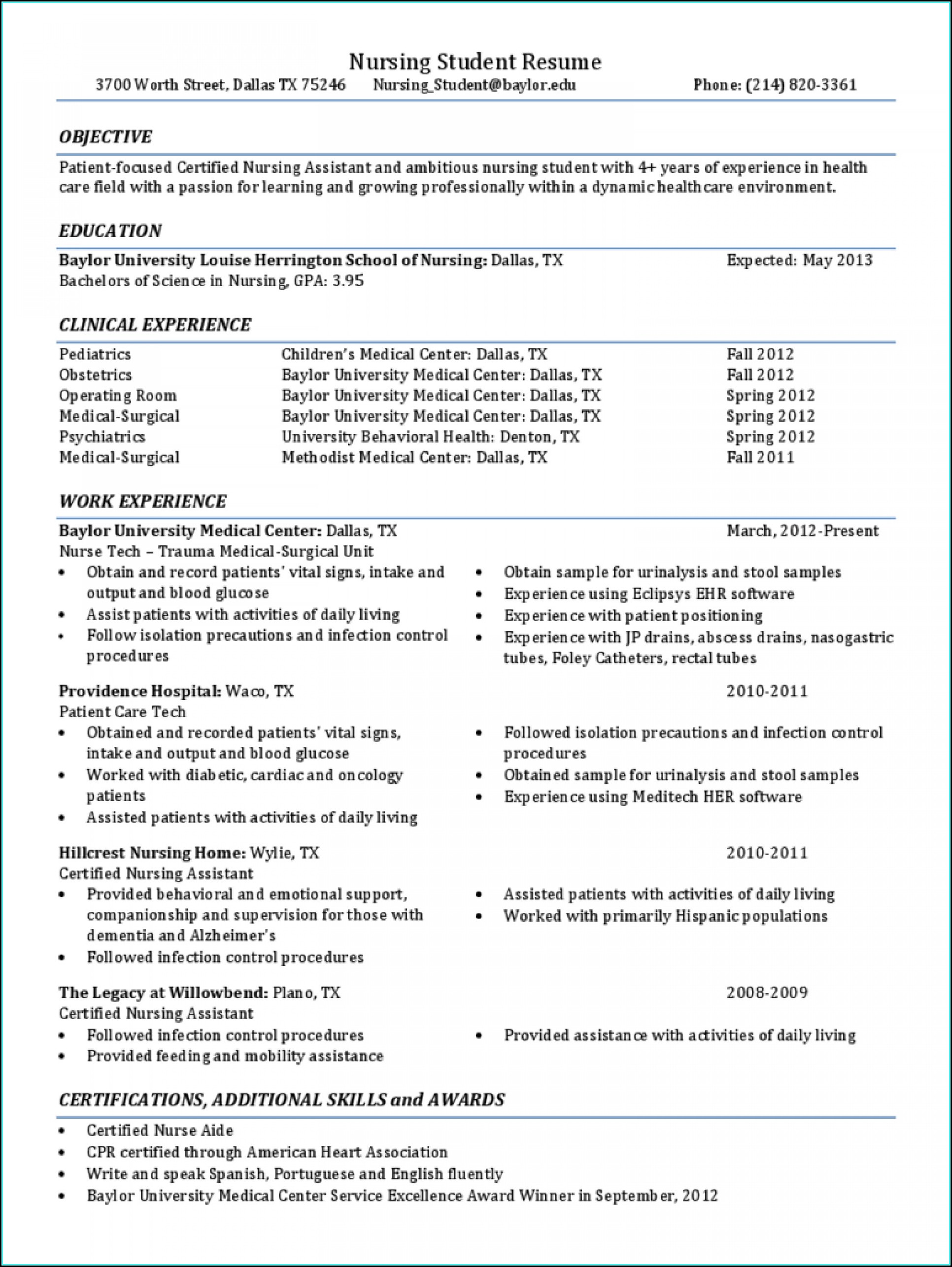 Resume Sample For Nursing Student