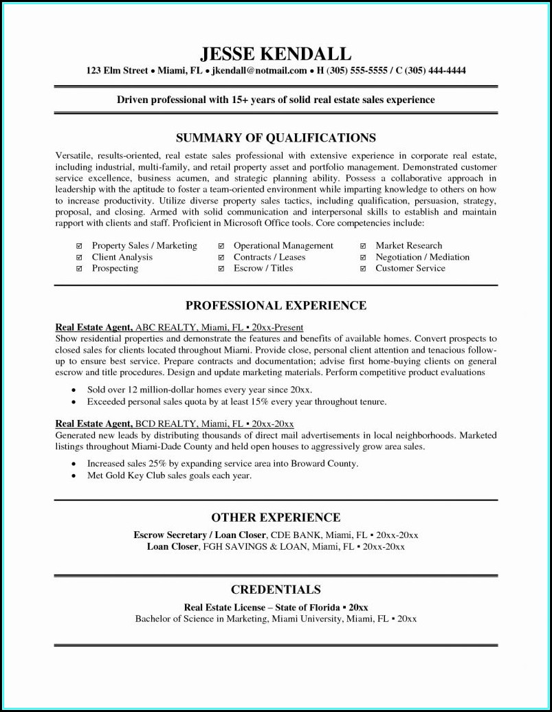 Resume Template For Real Estate Agents