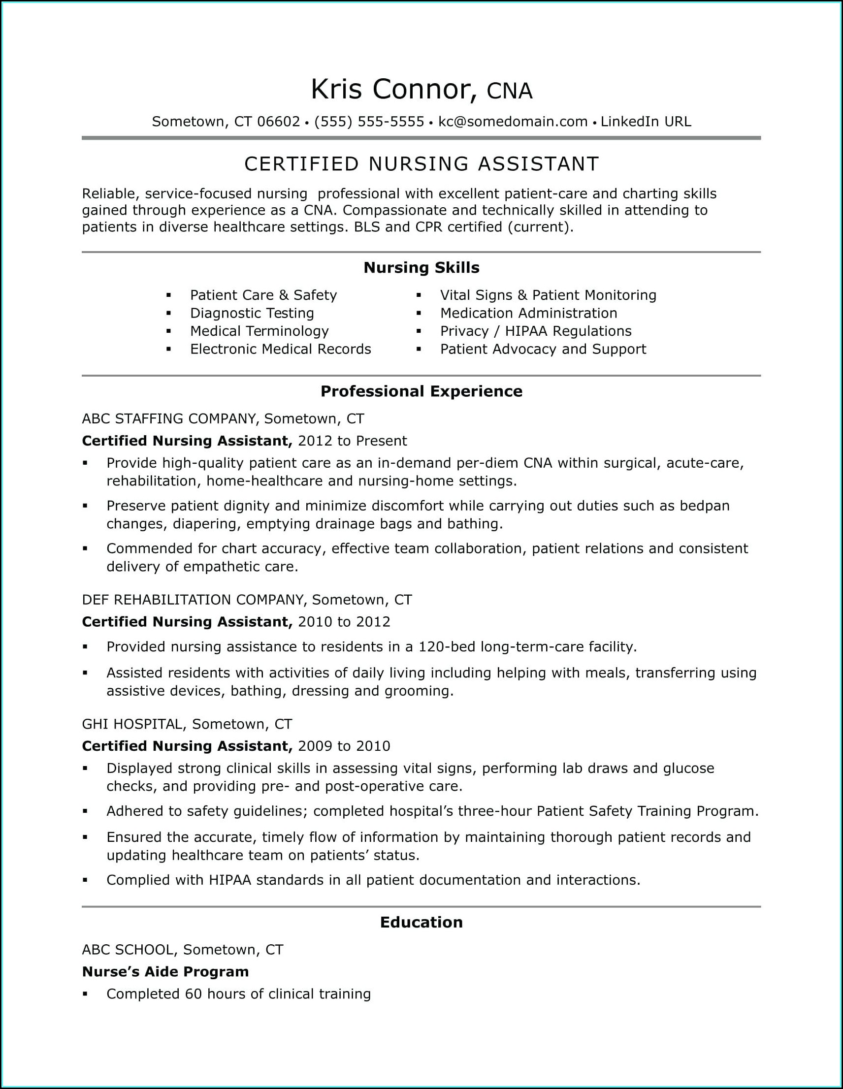 Sample Resume For Nursing Assistant With Experience