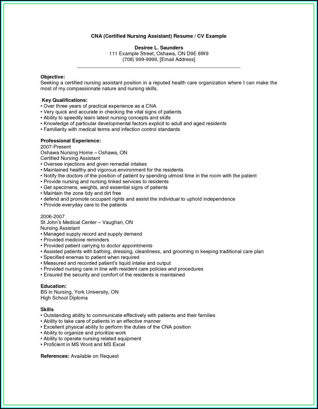 Sample Resume For Nursing Assistant With No Experience