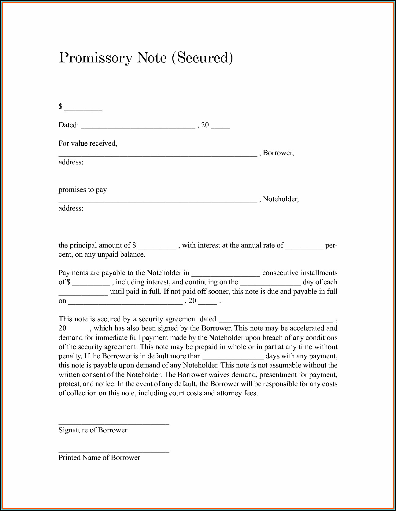 Secured Promissory Note Template Word Template 1 Resume Examples