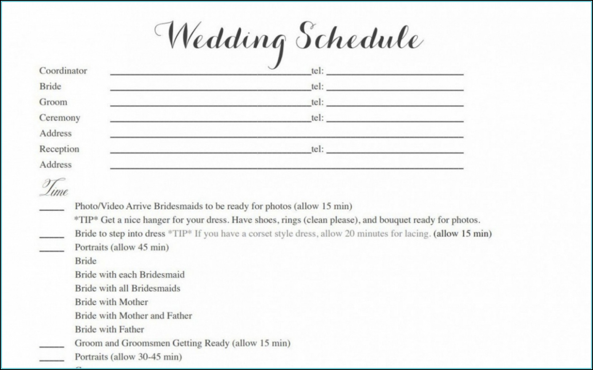 Wedding Day Itinerary Template Word