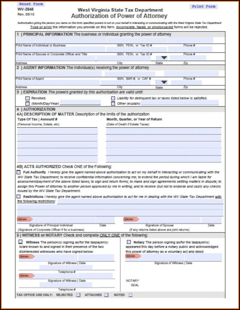 Wv Tax Power Of Attorney Form