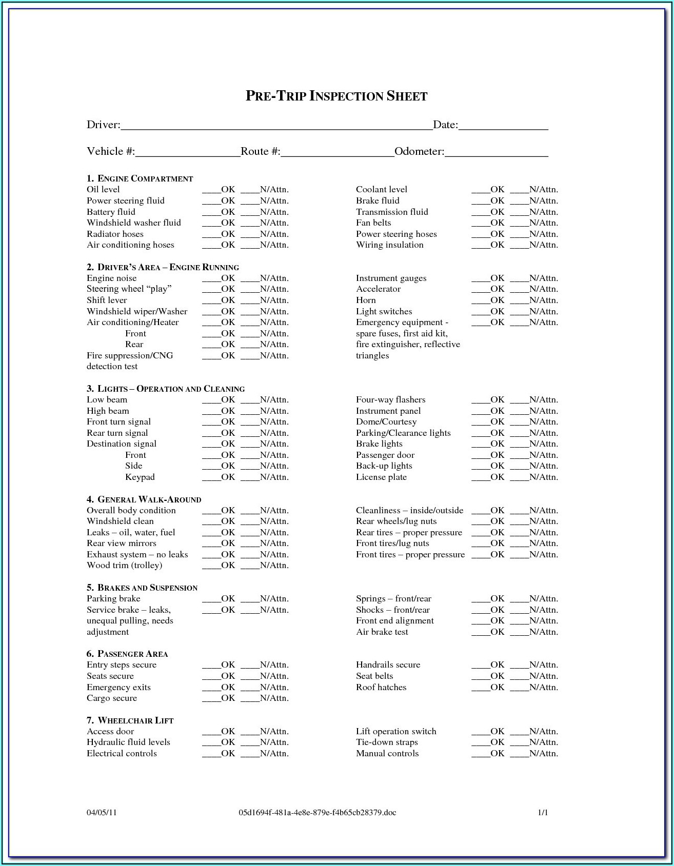 Alberta Pre Trip Inspection Form Checklist