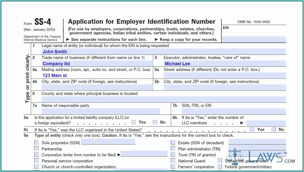 Application For Employer Identification Number Form Ss 4