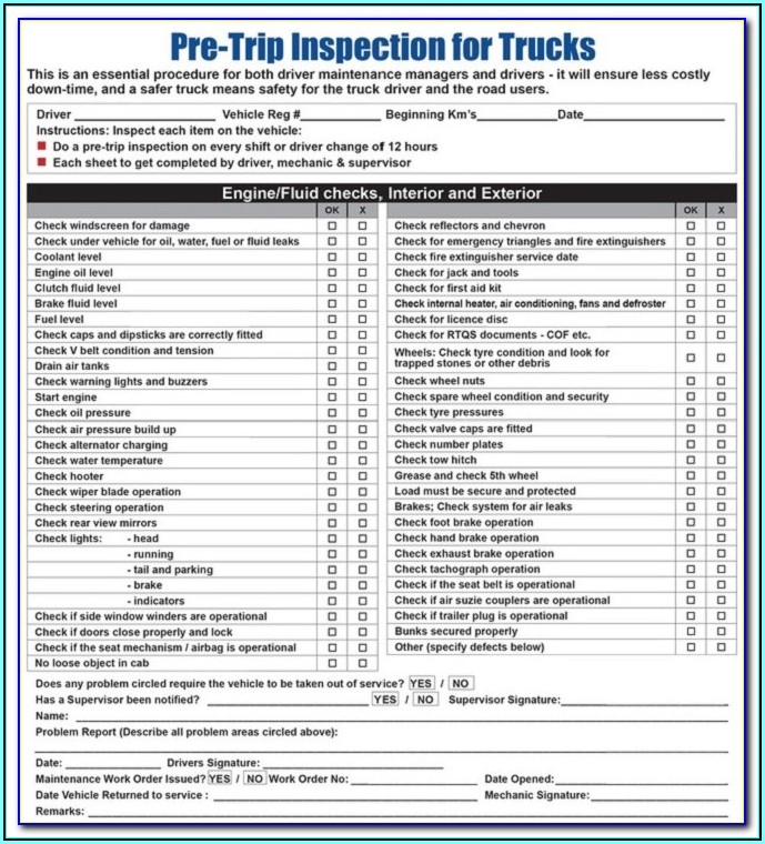 Ca Cdl Pre Trip Inspection Checklist Form