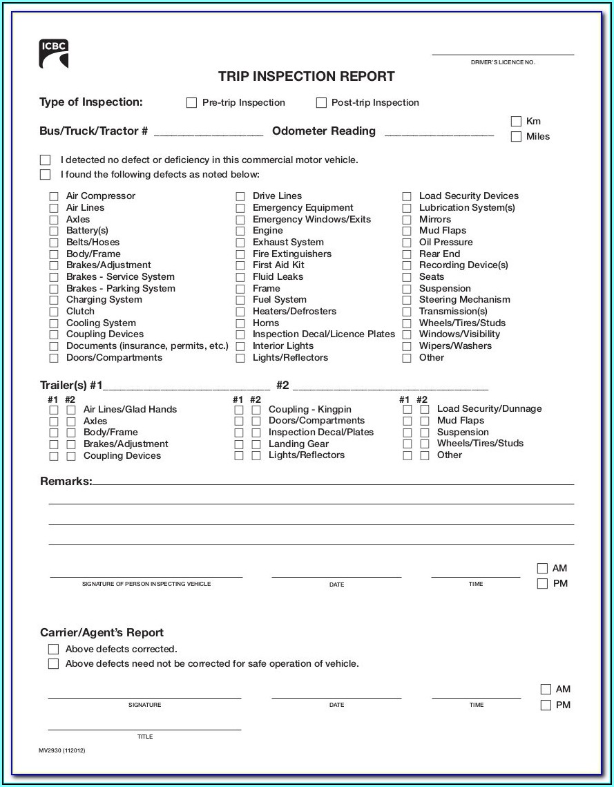 California Cdl Pre Trip Inspection Checklist Form