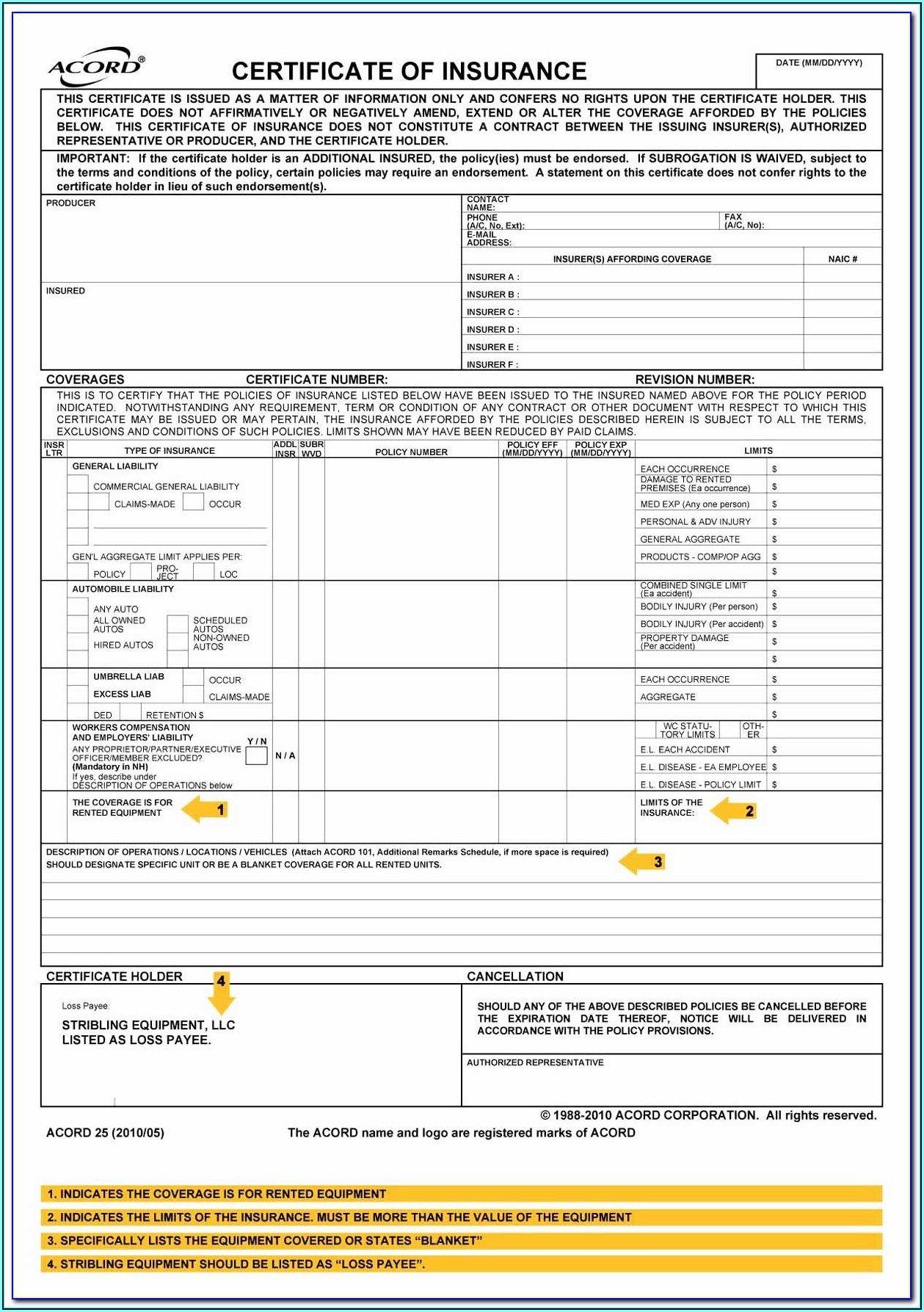 Certificate Of Liability Insurance Acord Form Fillable - Form : Resume