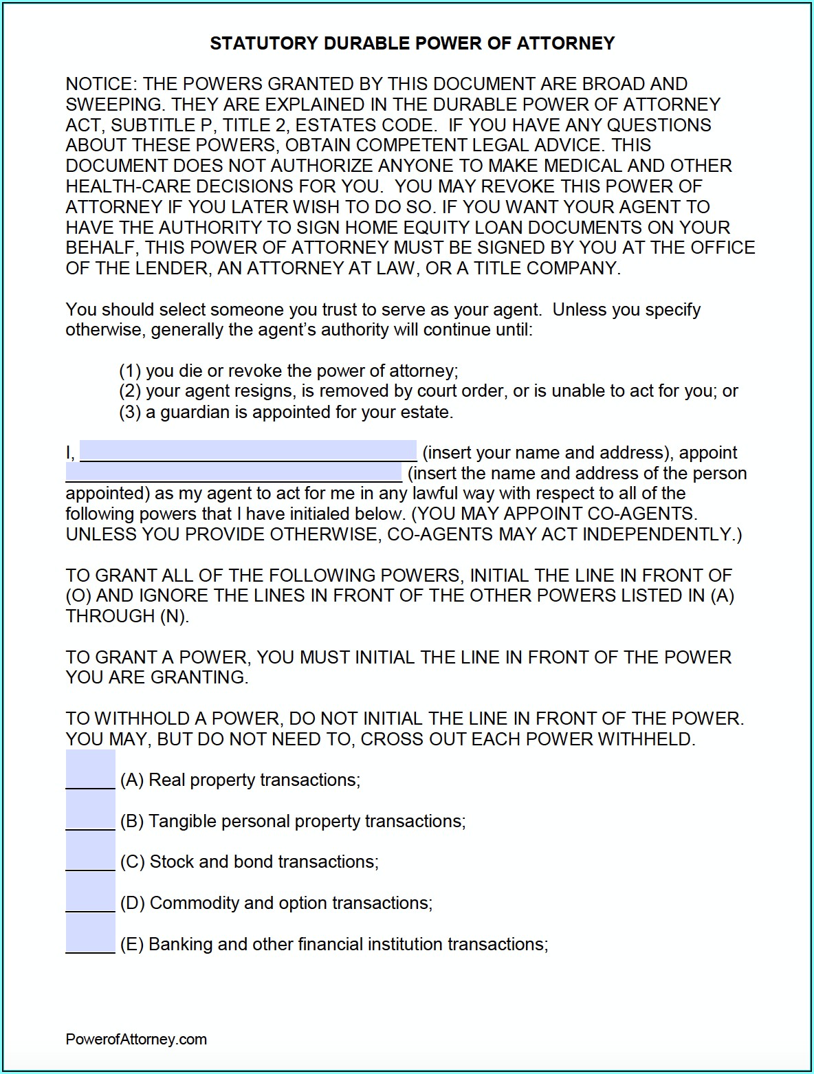 Durable Power Of Attorney Form Texas Pdf