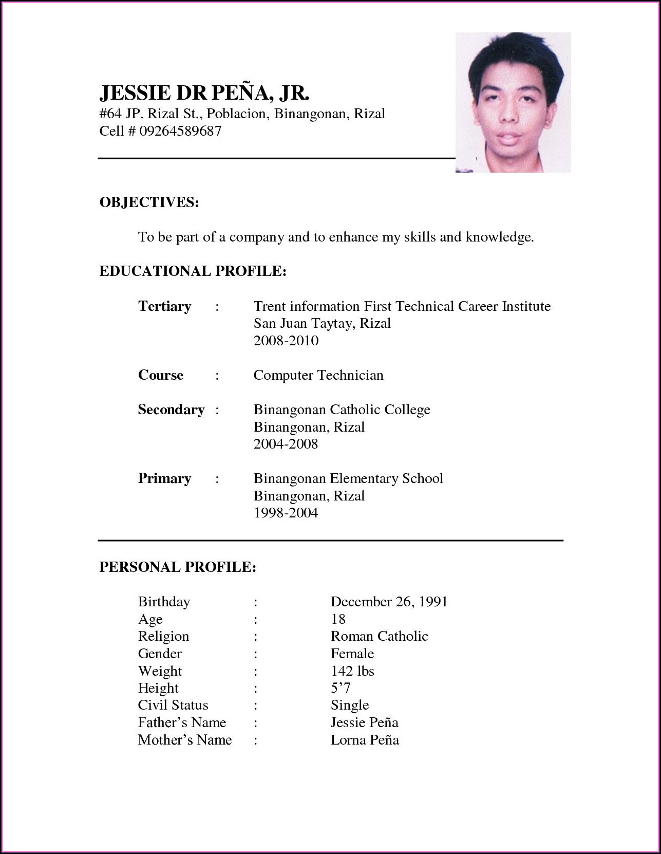 Example Of Job Resume Format
