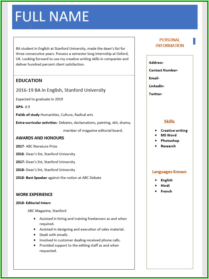 Free Fresher Resume Format Download In Ms Word