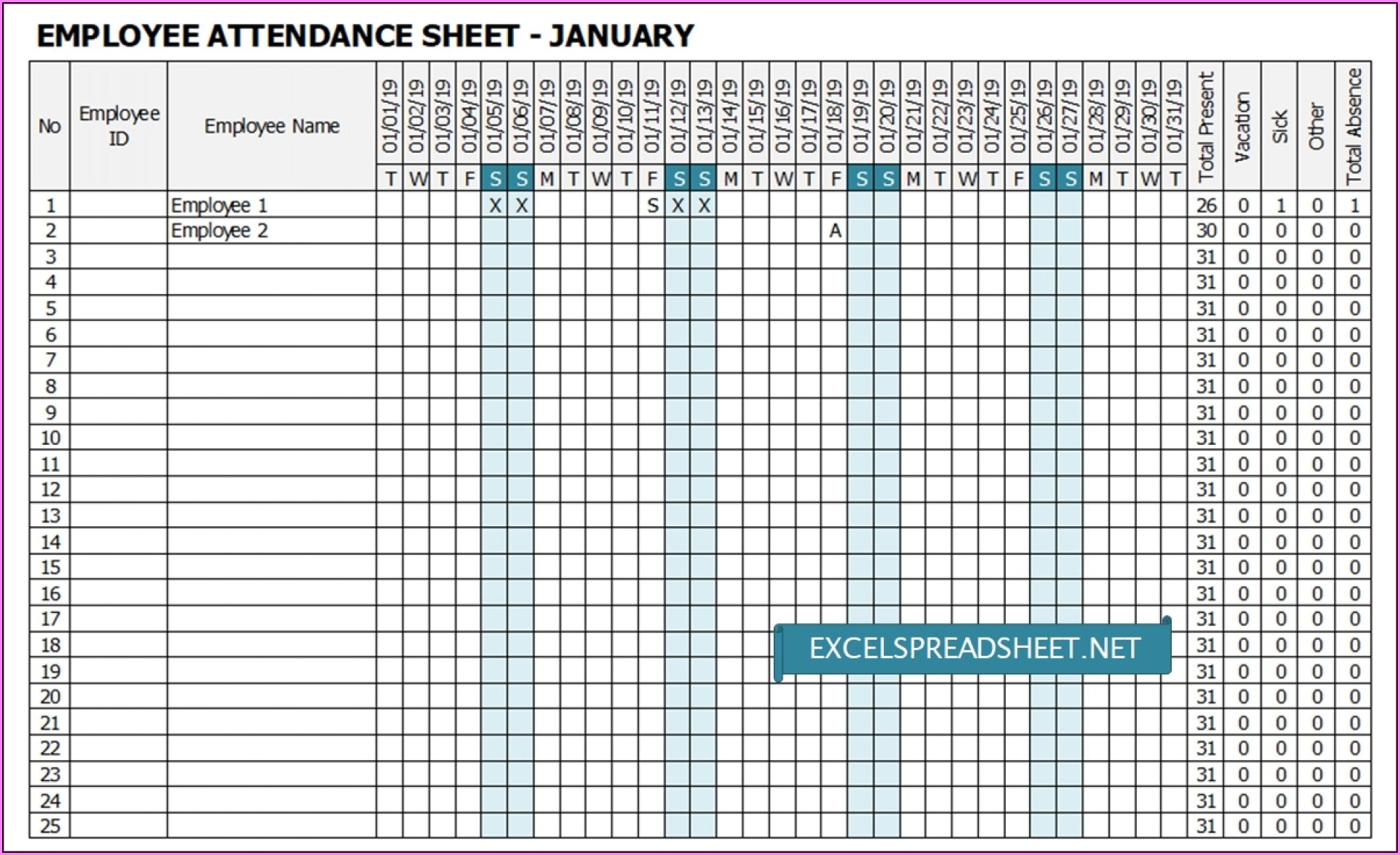 Employee Monthly Attendance Tracker Excel Template
