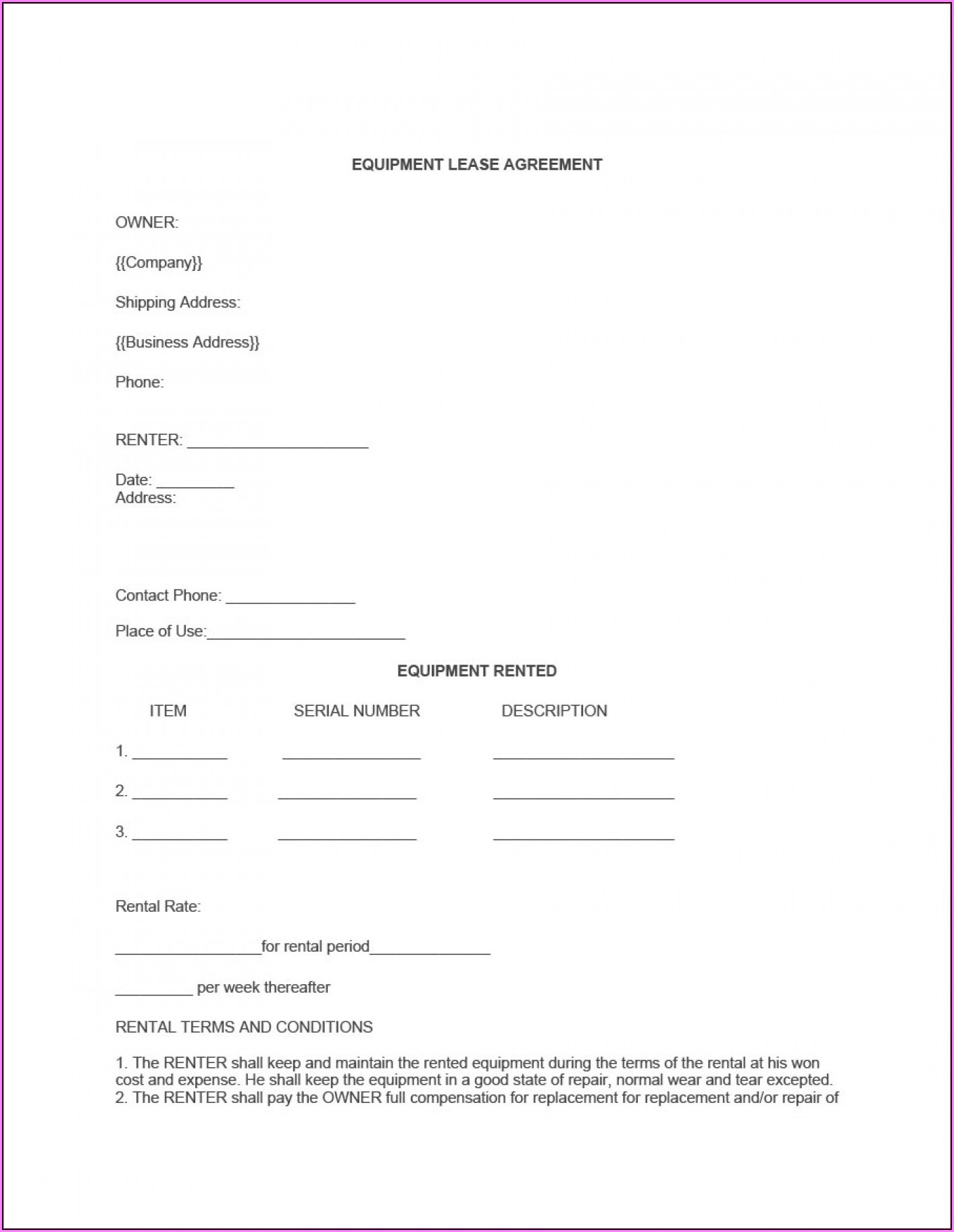 Equipment Rental Agreement Template South Africa