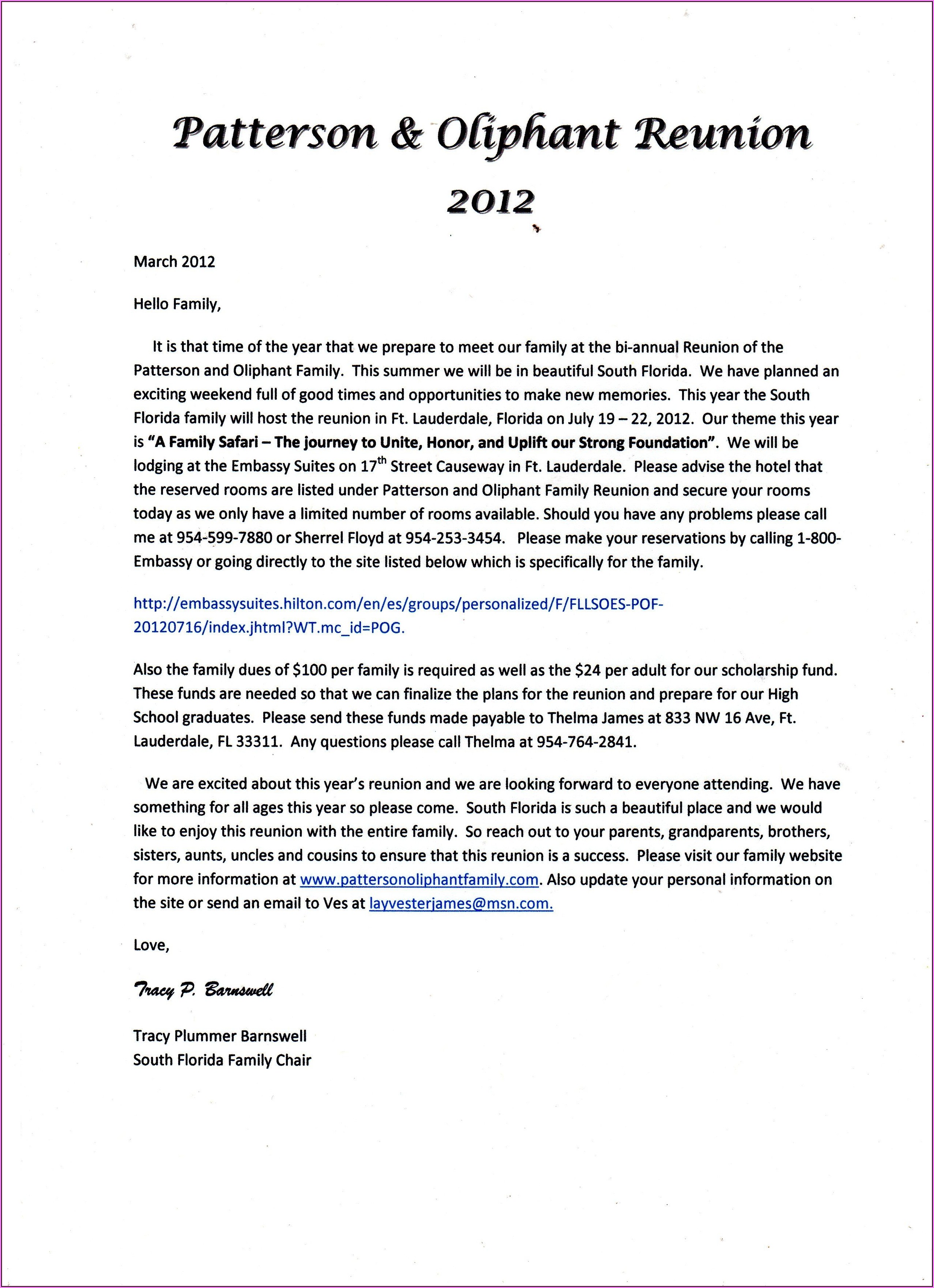 Family Reunion Information Letter Template