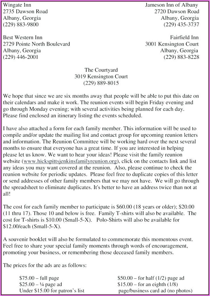 Family Reunion Solicitation Letter Sample
