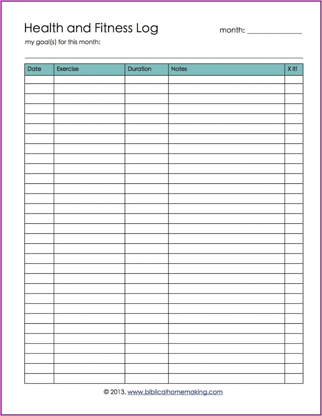 Fitness Log Template Free