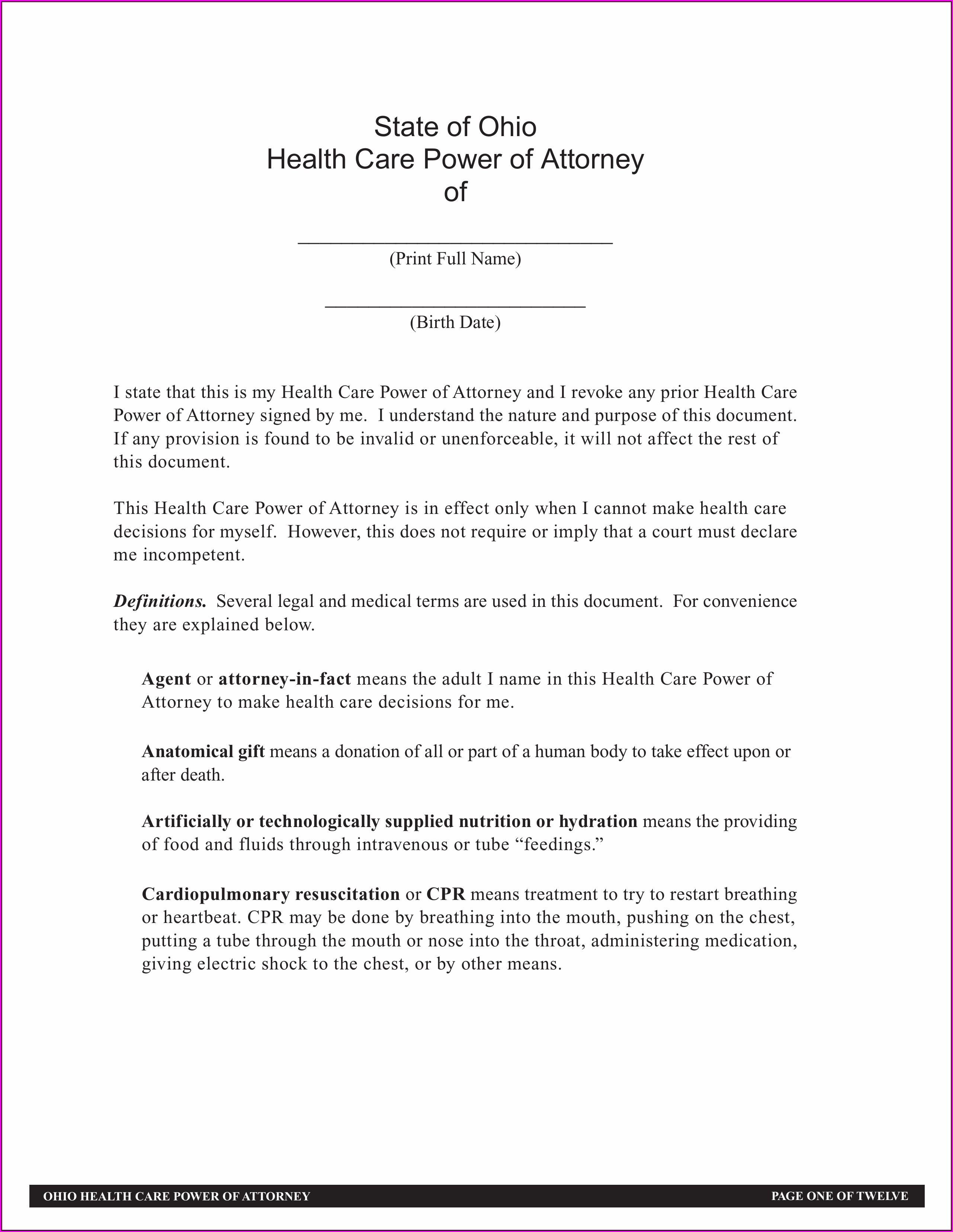 Free Blank Printable Medical Power Of Attorney Forms Ohio