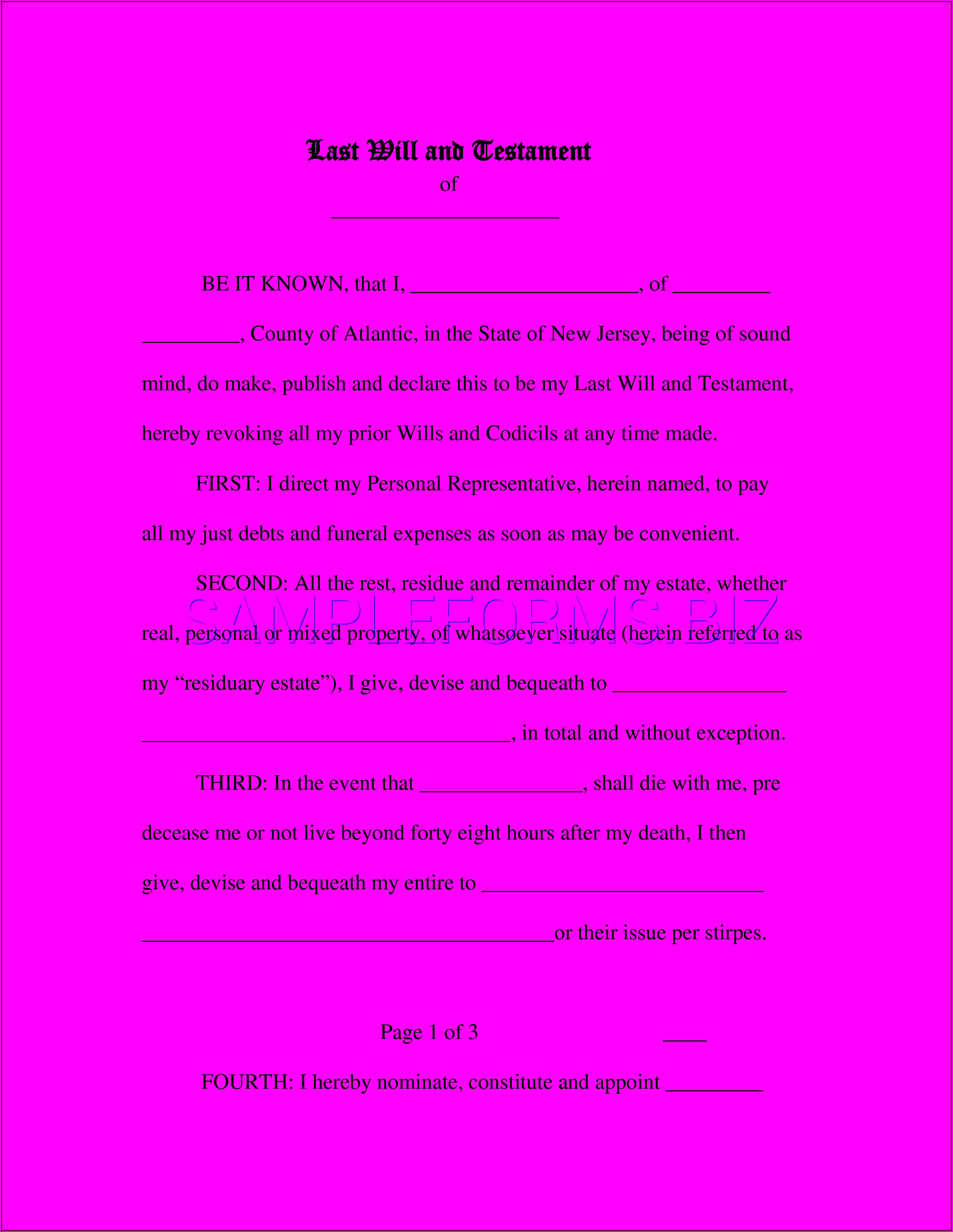 Free Last Will And Testament Form Template Nj