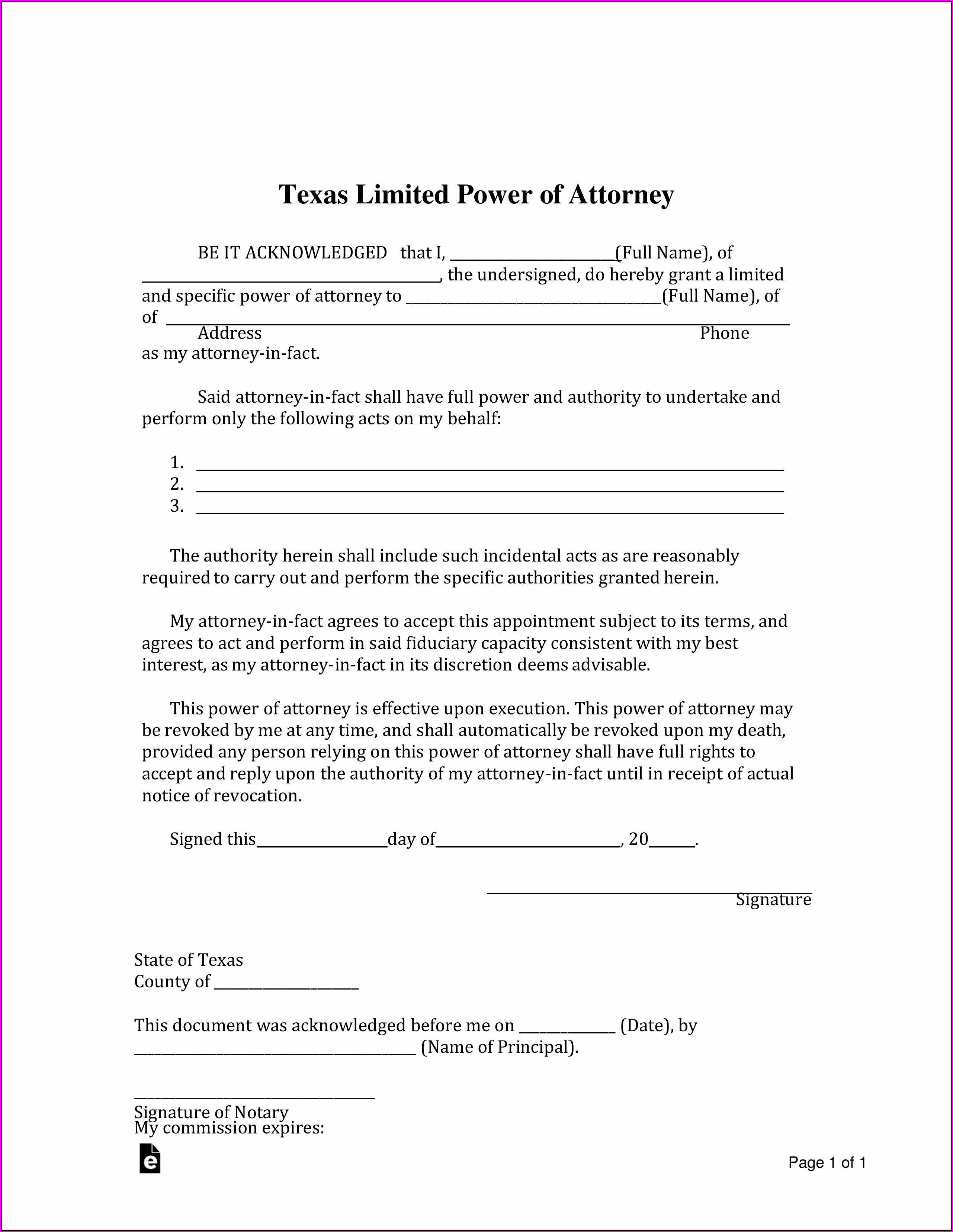 Free Power Of Attorney Form Texas Pdf