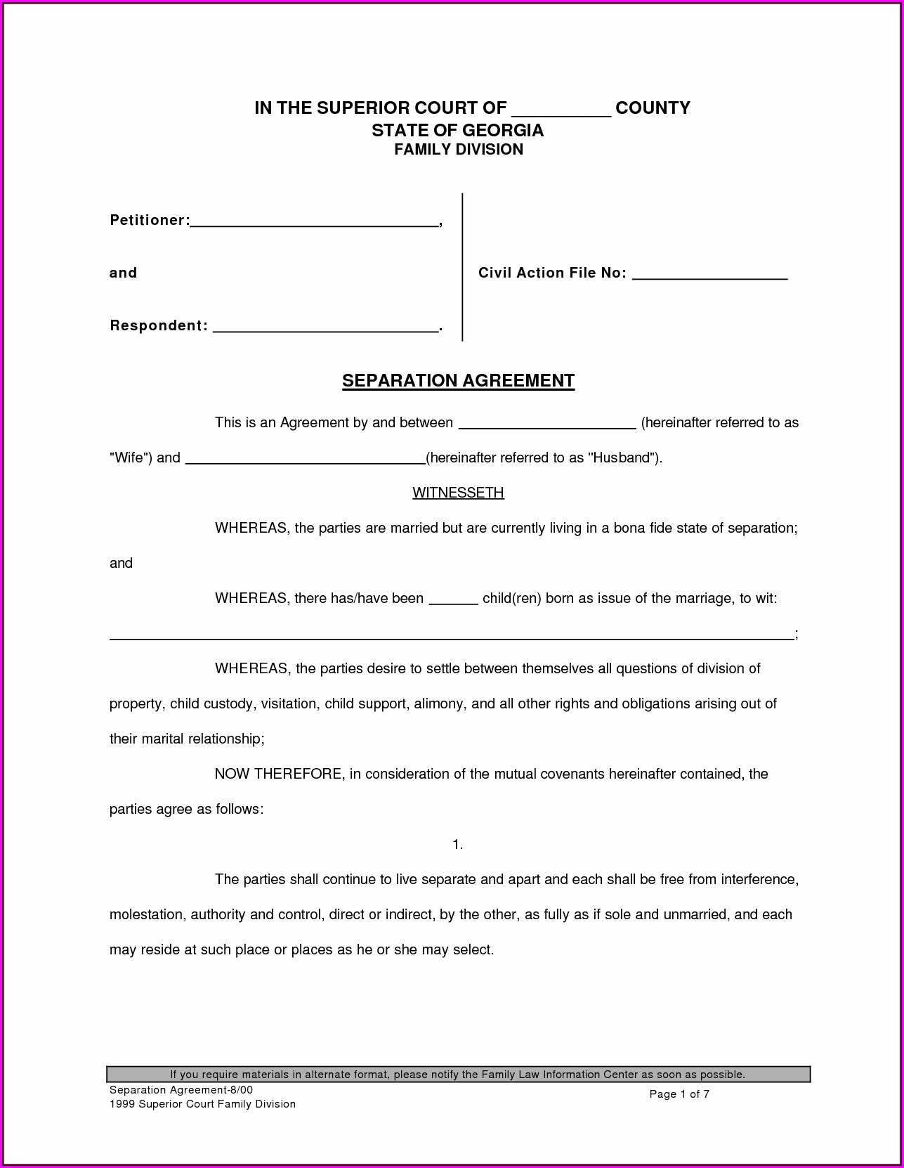 Free Printable Divorce Forms Georgia