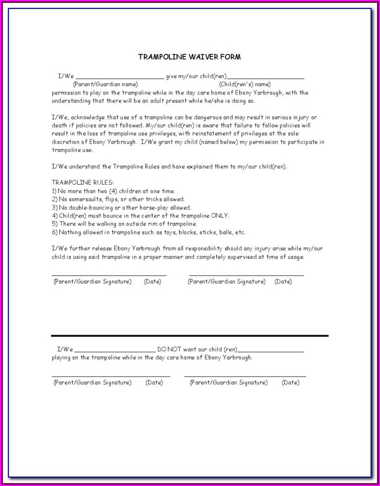 Home Trampoline Waiver Form