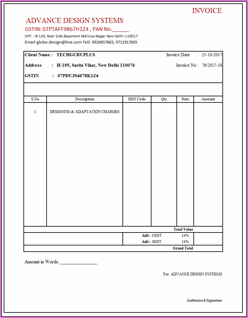 Invoice Template Xls With Gst