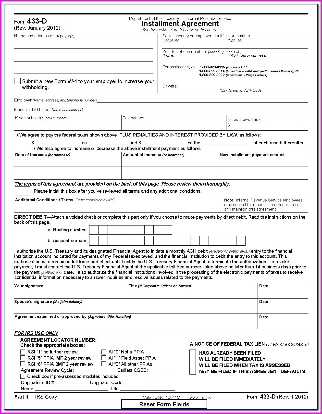 Irs Form 433 D Fillable