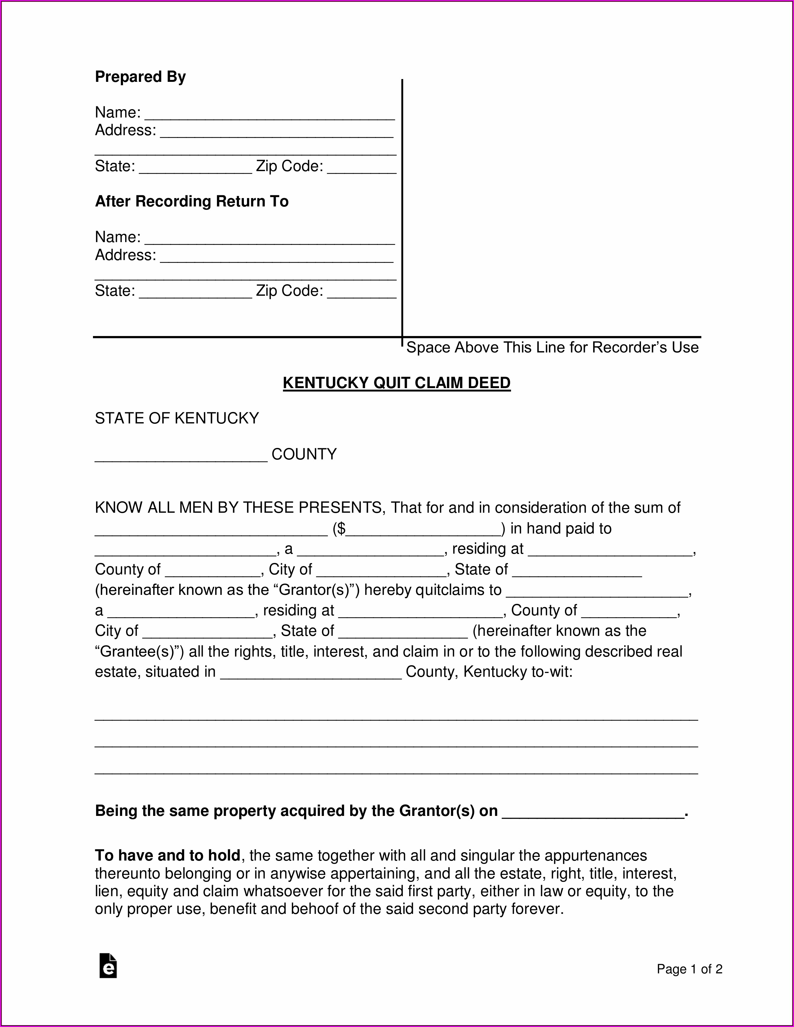 Kentucky Quit Claim Deed Form Free