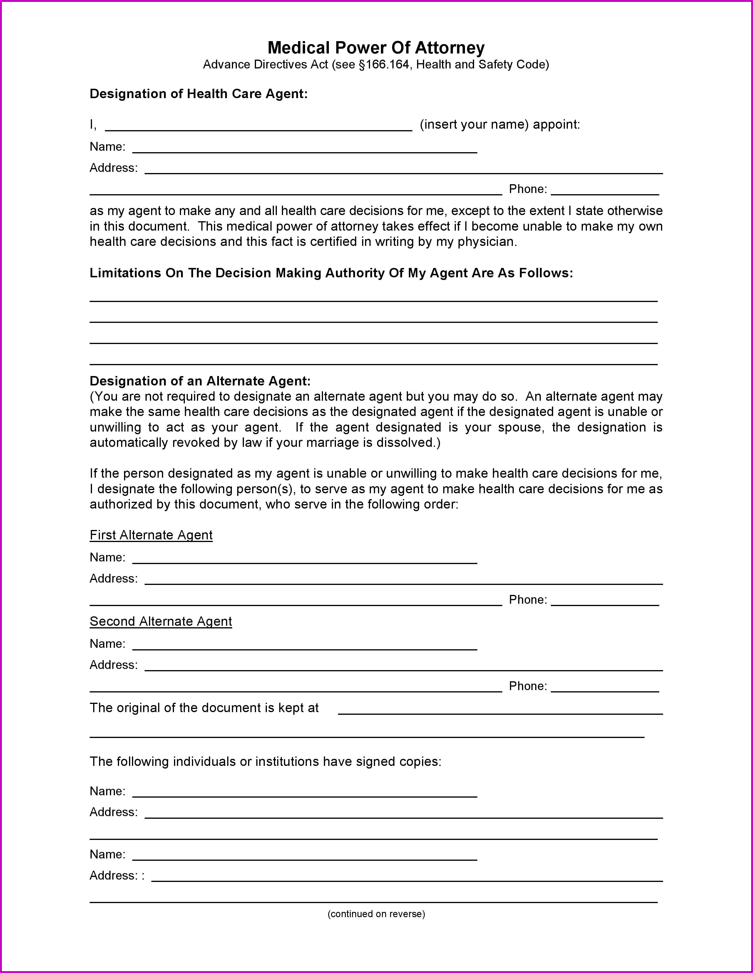 Medical Power Of Attorney Form Free Download