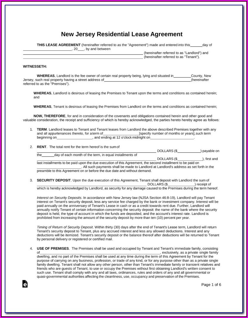 New Jersey Association Of Realtors Standard Form Of Residential Lease