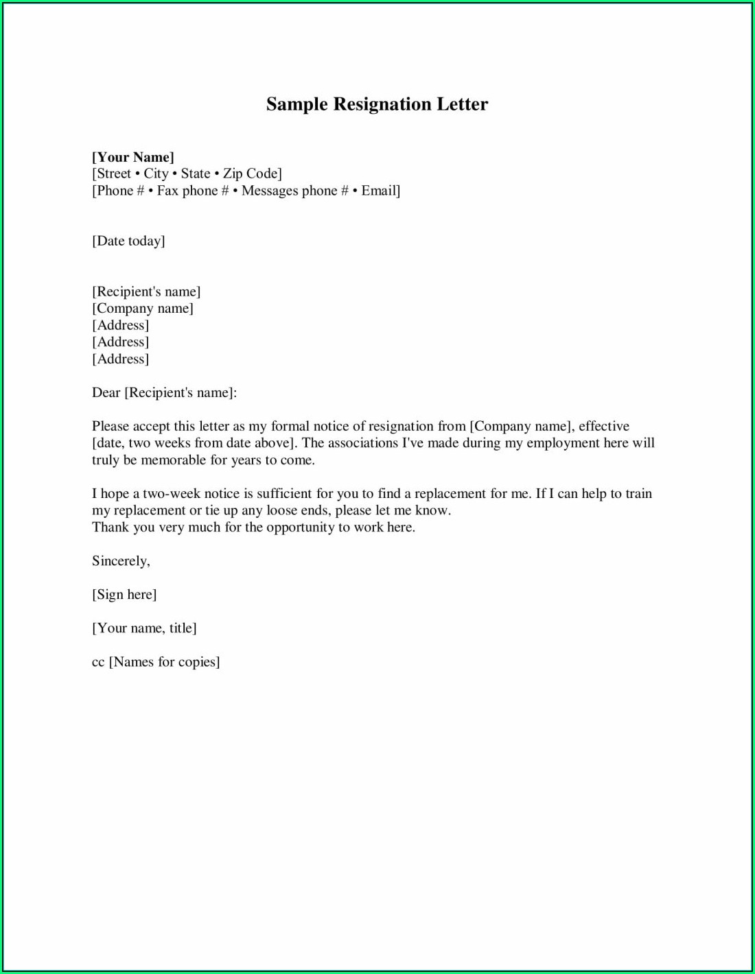 Resignation Letter Template Free Pdf